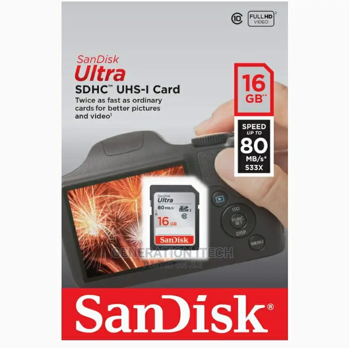Sandisk Ultra 16gb Memory Card Class 10 SDHC Up to 80mb/S