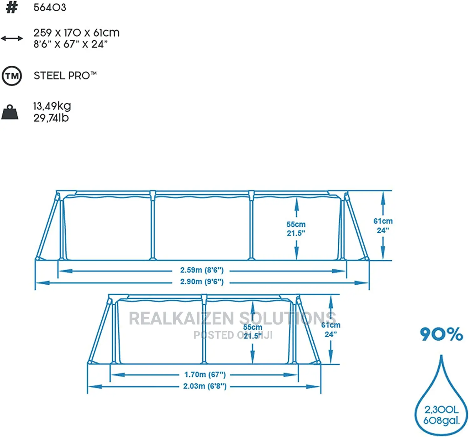 BESTWAY Steel Pro Rectangular Swimming Pool 2.59mx1.7m
