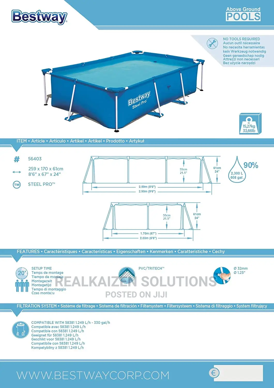 BESTWAY Steel Pro Rectangular Swimming Pool 2.59mx1.7m