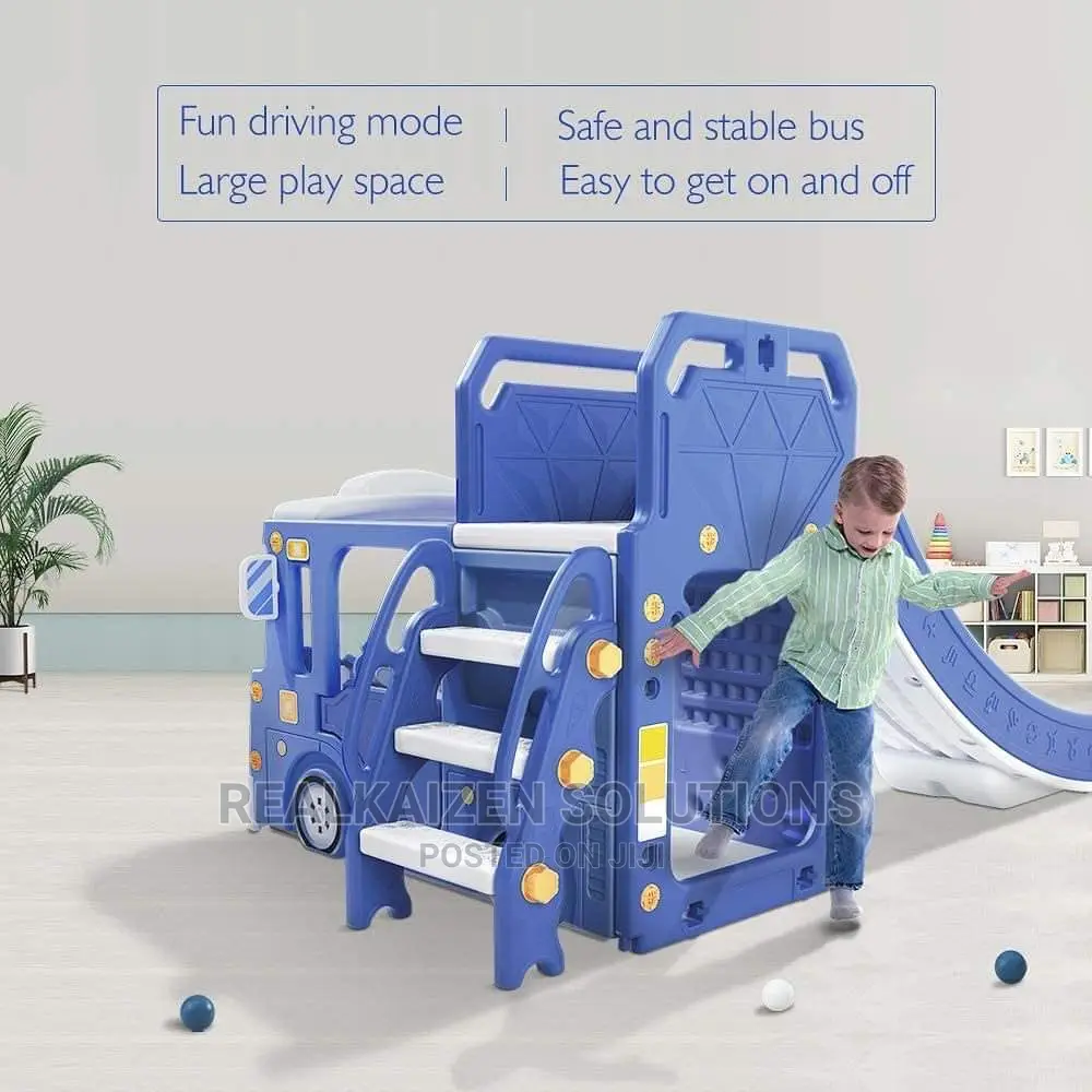 Multifunctional Kid Plastic Bus Slide Basket Ladder Play Set