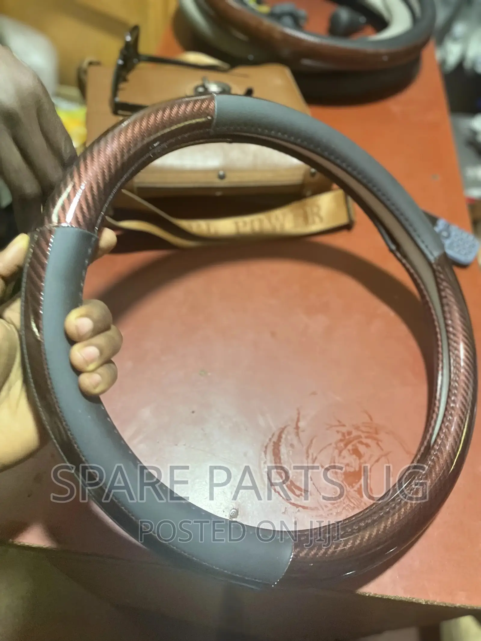 Wood and Black Leather Steering Wheel Cover