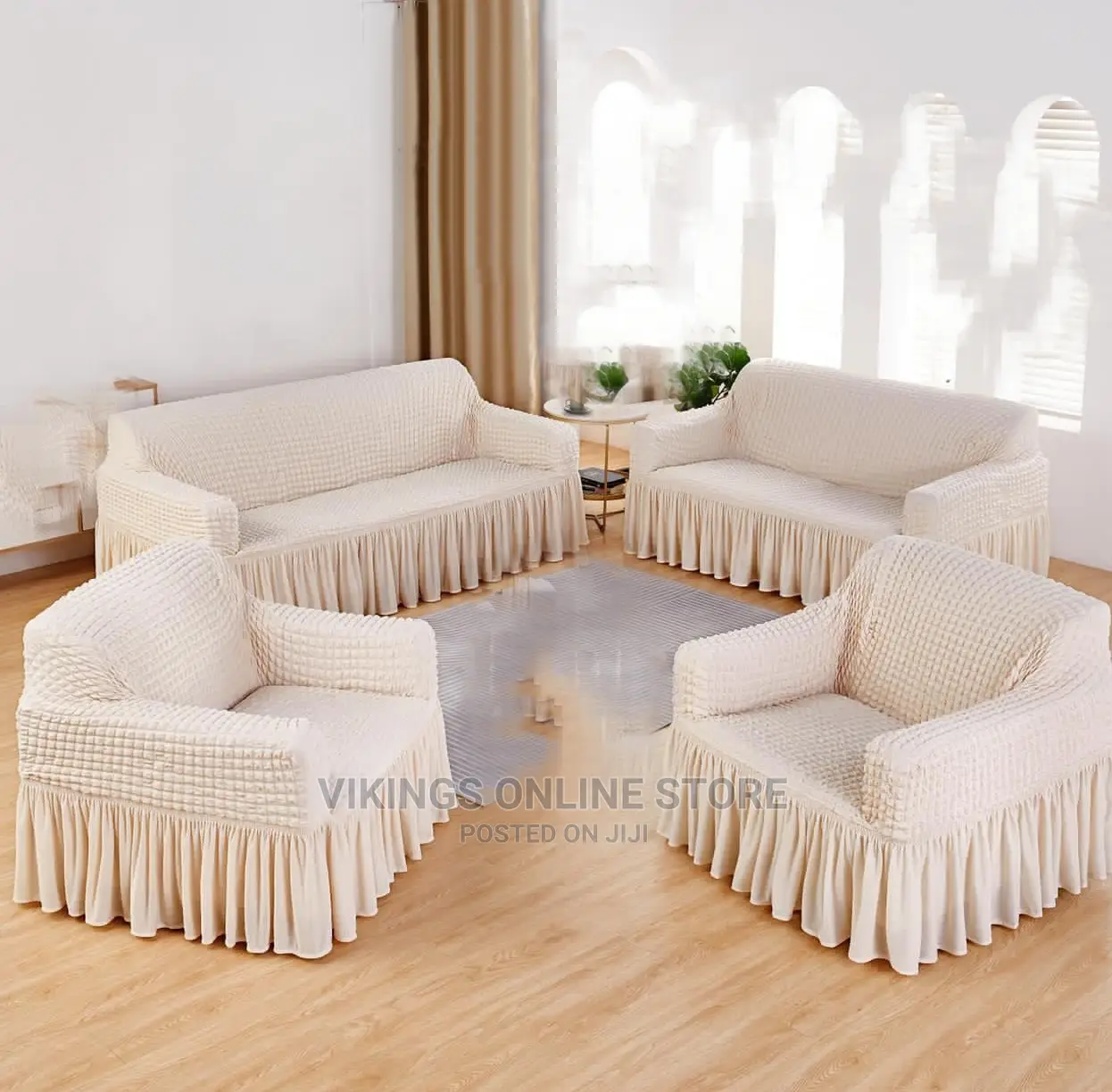 3:2:1:1 Cream Elastic Sofa Covers With Skirt 