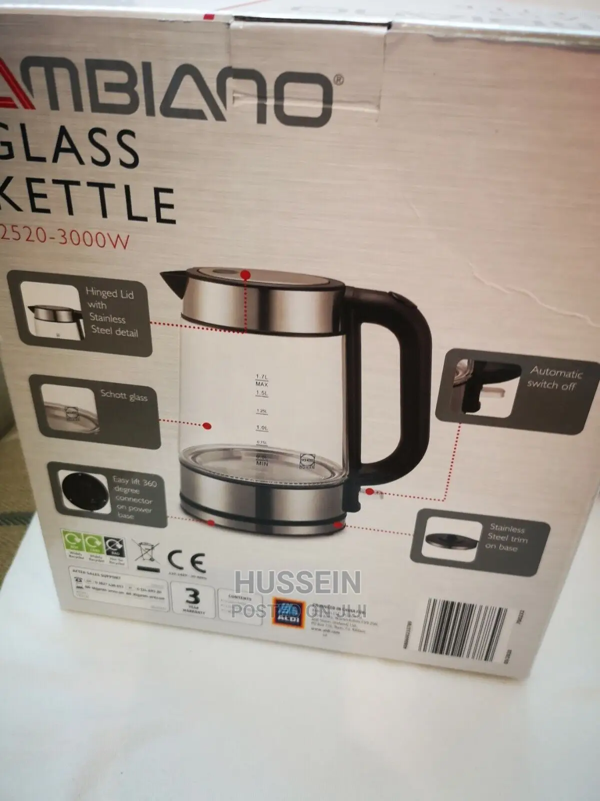 UK Glass Kettle Ambiano Modern 1.7L 3000W Blue