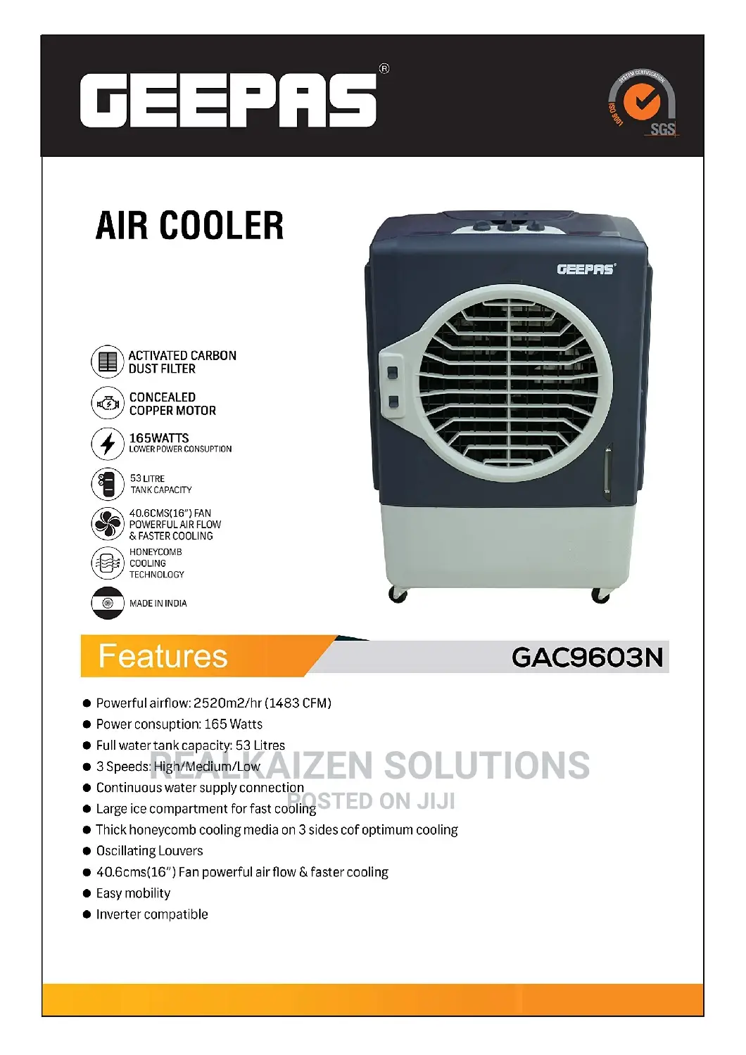 Geepas 53L Large Air Cooler 165W