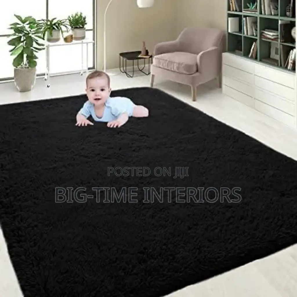 Black Fluffy Bedside/ Center Carpet Medium