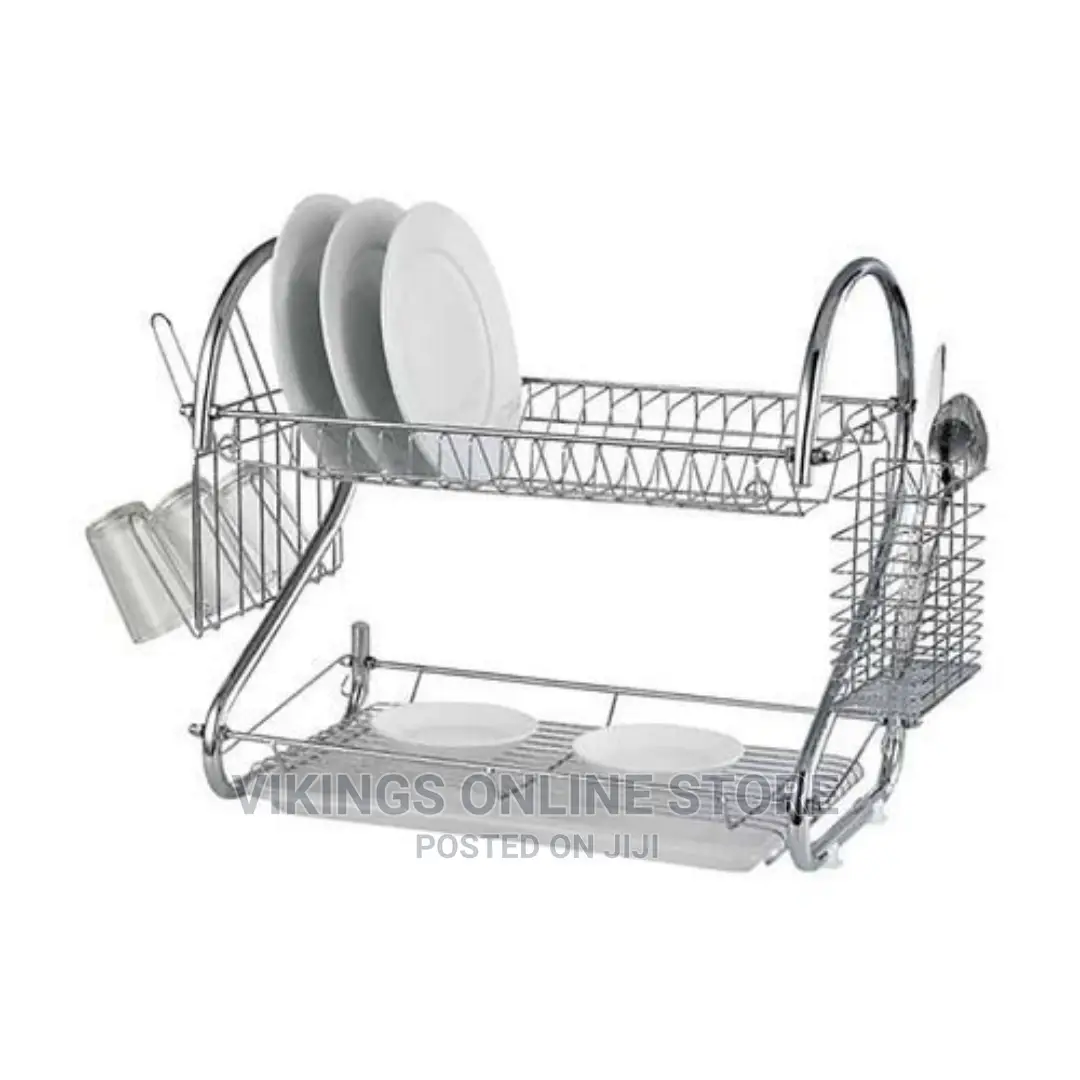 2 Tier Steel Plate Dish Drying Draining Rack Silver.
