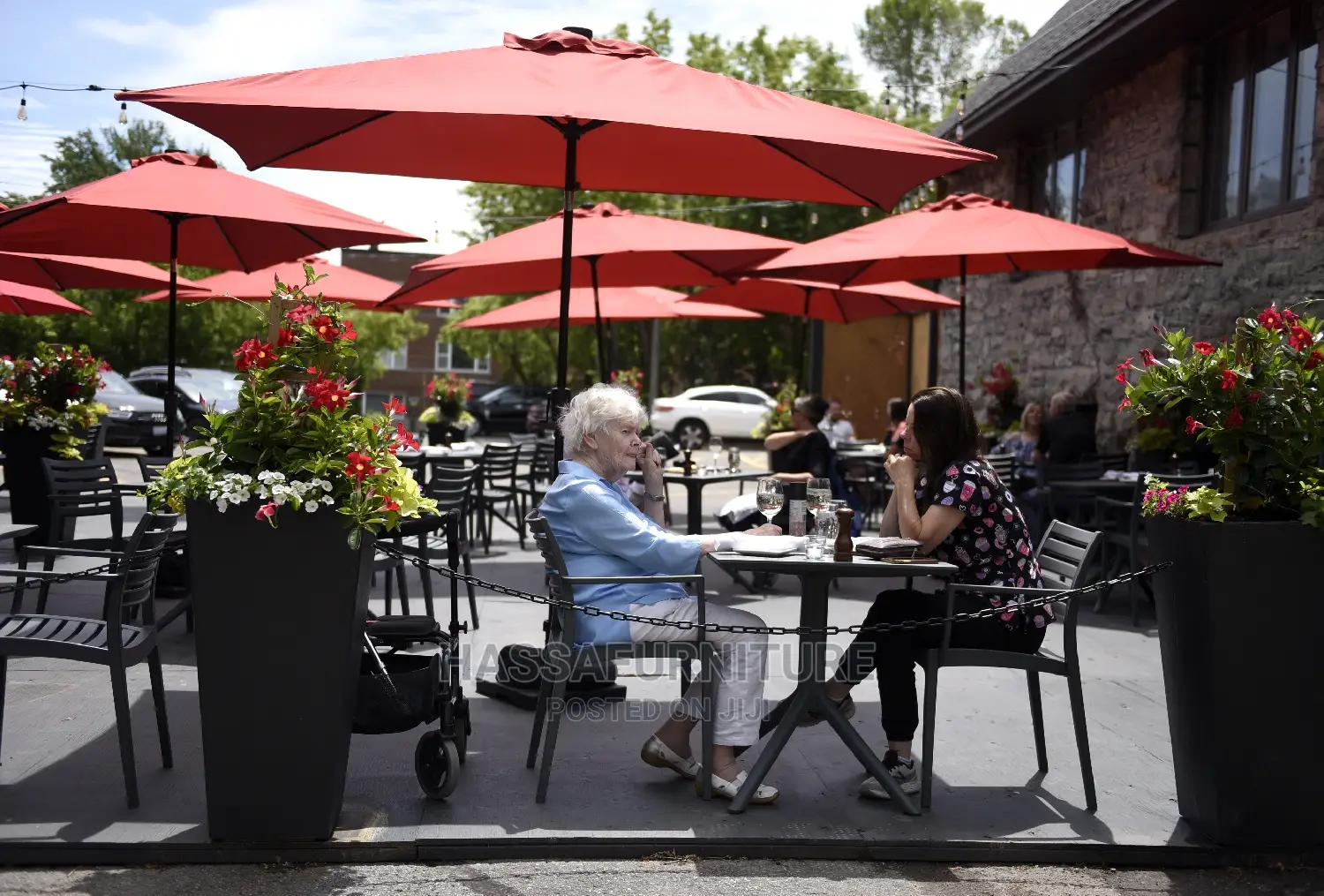 Outdoor Umbrella and Tables Brand New