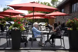 Outdoor Umbrella and Tables Brand New