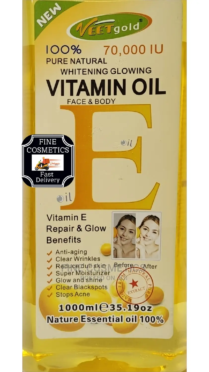 VEET Gold 100% Pure Natural Whitening Glowing Vitamin E Oil