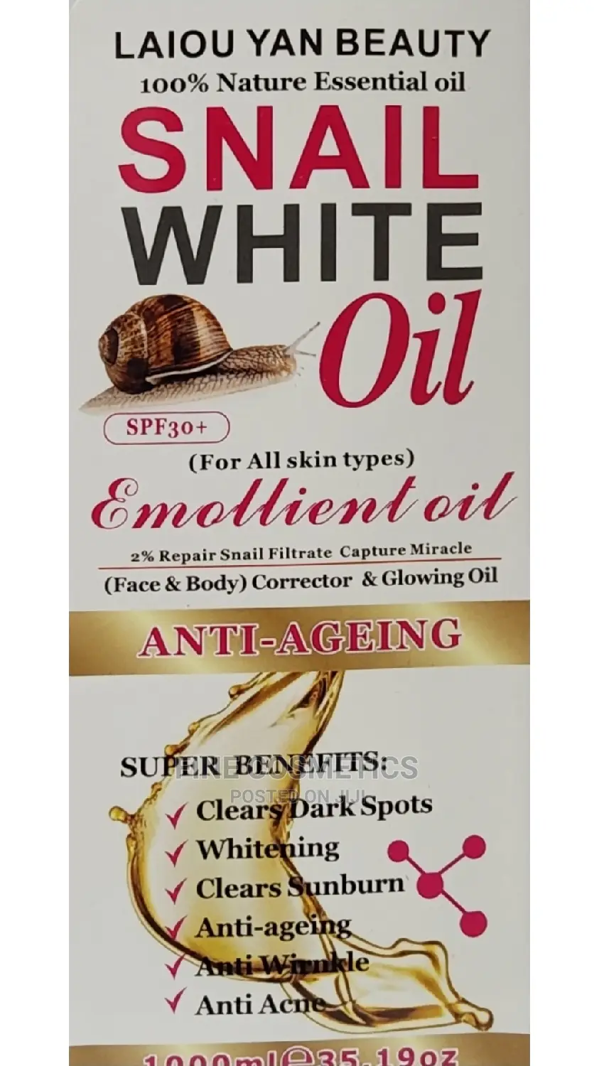 Snail White Oil 100% Nature Essential Anti-Aging Glowing Oil