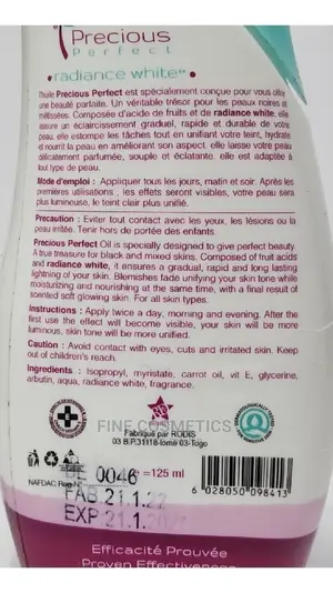 Precious Perfect Radiance White Lightening Oil.