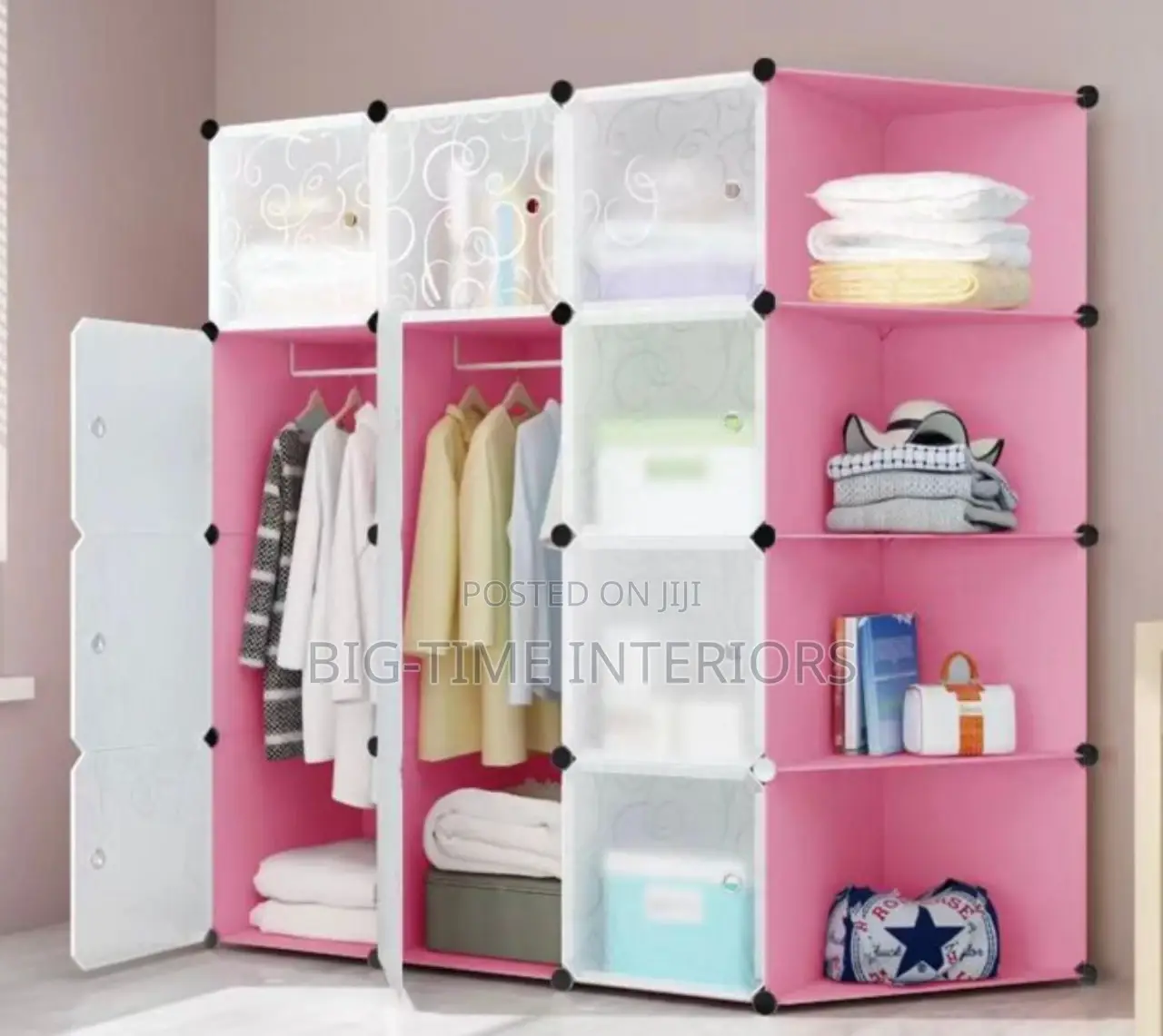 Pink 3 Column Plastic Wardrobe With Corner Shelf