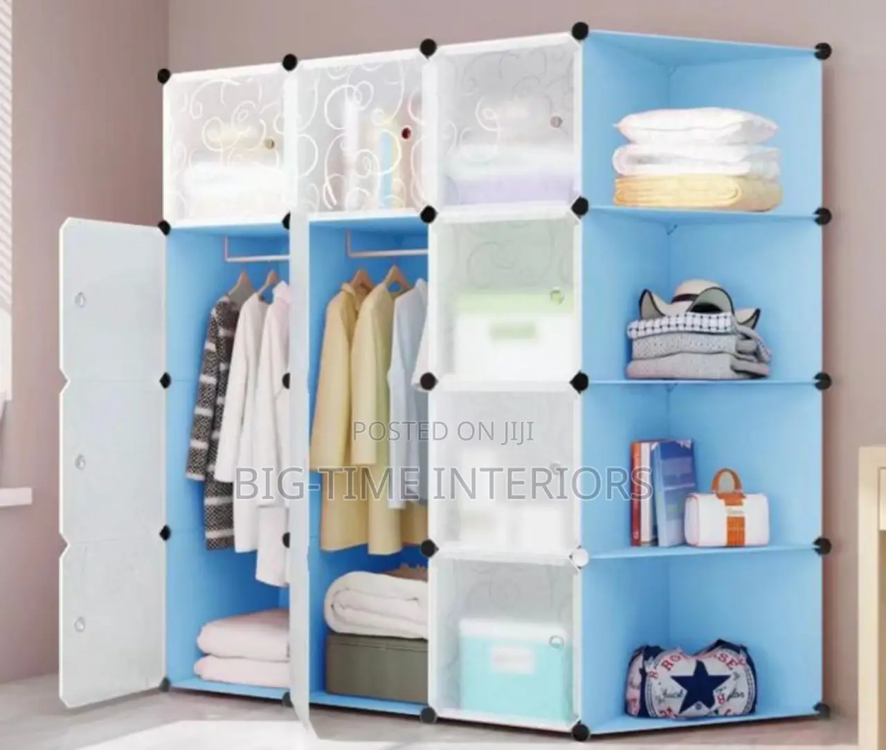 3 Column Plastic Wardrobe With Corner Shelf-Blue