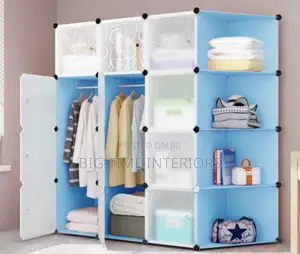 3 Column Plastic Wardrobe With Corner Shelf-Blue