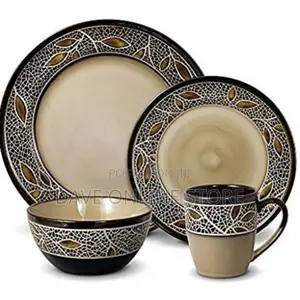 16 Piece Leaf Design Plates, Cups, Bowls Dinner Set – Cream