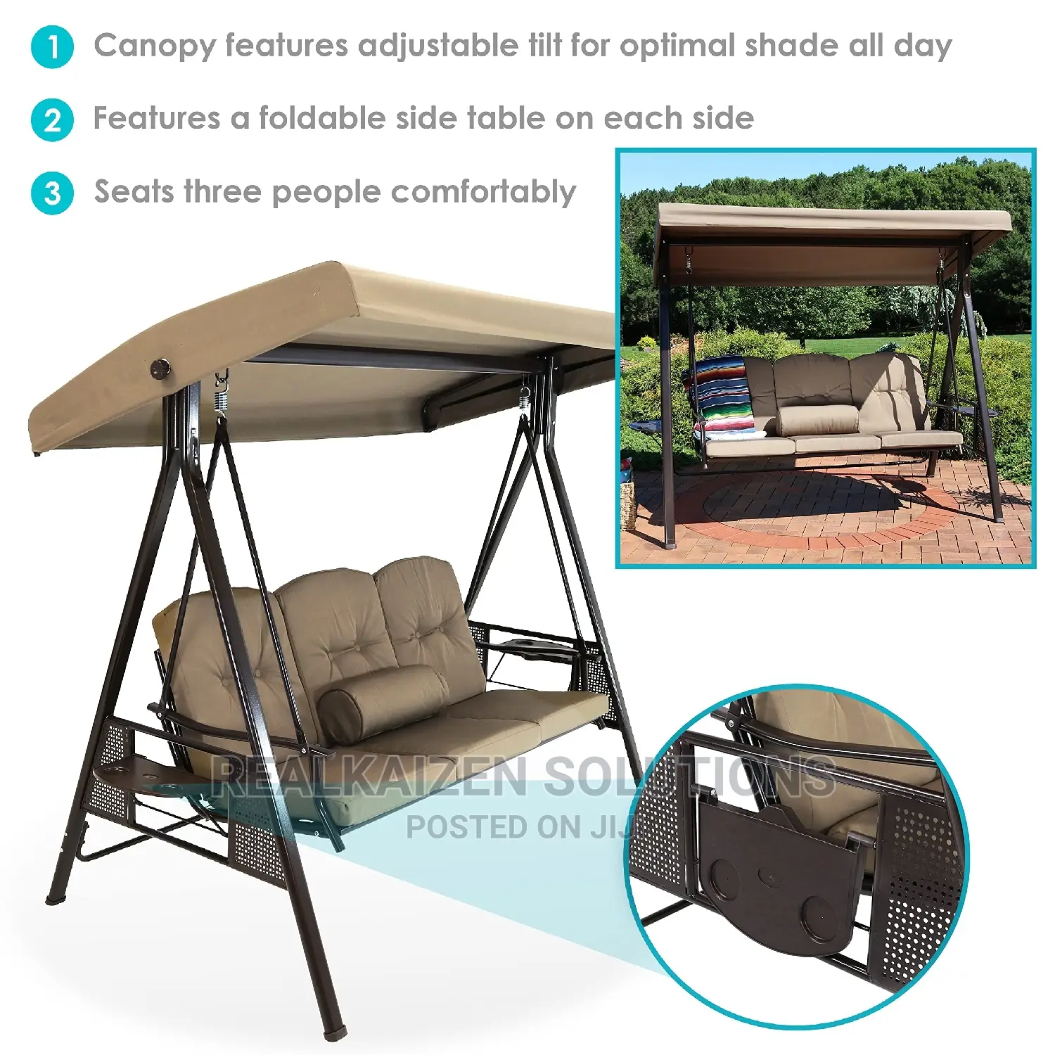 3-Person Outdoor Steel Patio Swing Bench With Tilt Canopy