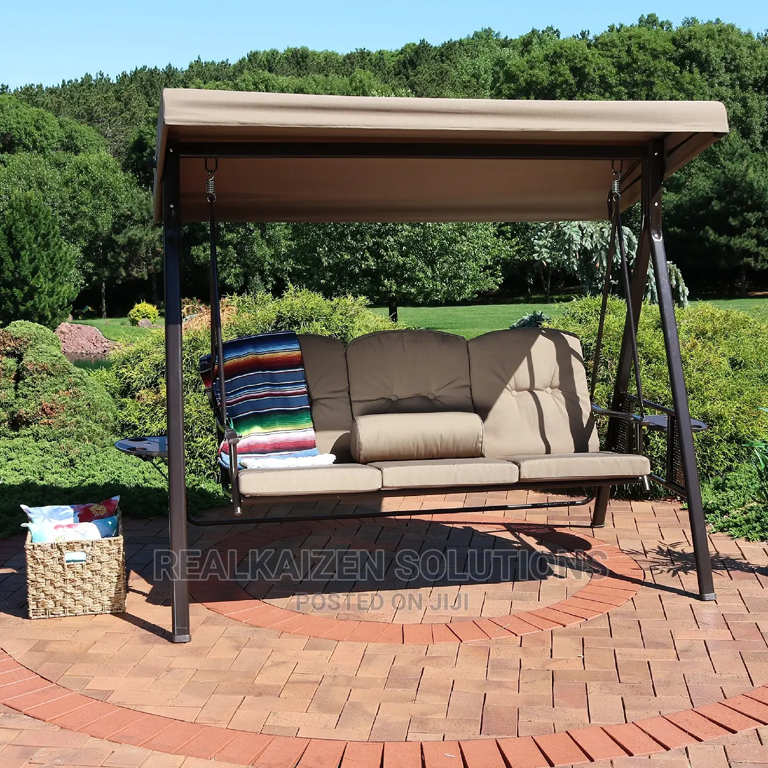 3-Person Outdoor Steel Patio Swing Bench With Tilt Canopy