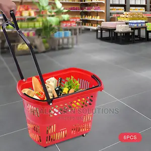 6pcs Plastic Rolling Shopping Basket With Handle Wheels
