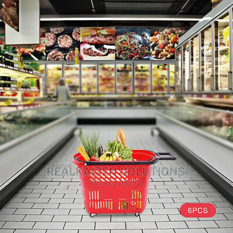6pcs Plastic Rolling Shopping Basket With Handle Wheels