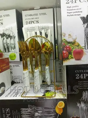 24pcs Stainless Steel Cultery Set With Stand- Gold/White