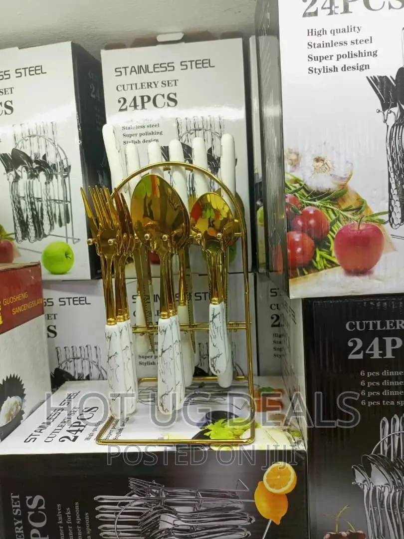 24pcs Stainless Steel Cultery Set With Stand- Gold/White