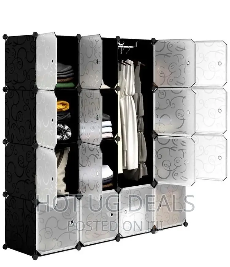 4 Column Plastic Wardrobe Plastic Frame Portable- Black