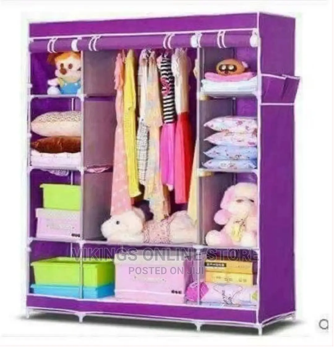 3 Column Cloth Wooden Frame Portable Wardrobe – Purple
