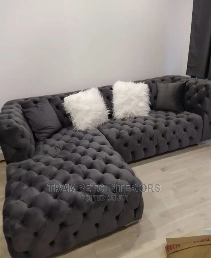 Min L Tufted Sofa Couch in Charcoal Grey