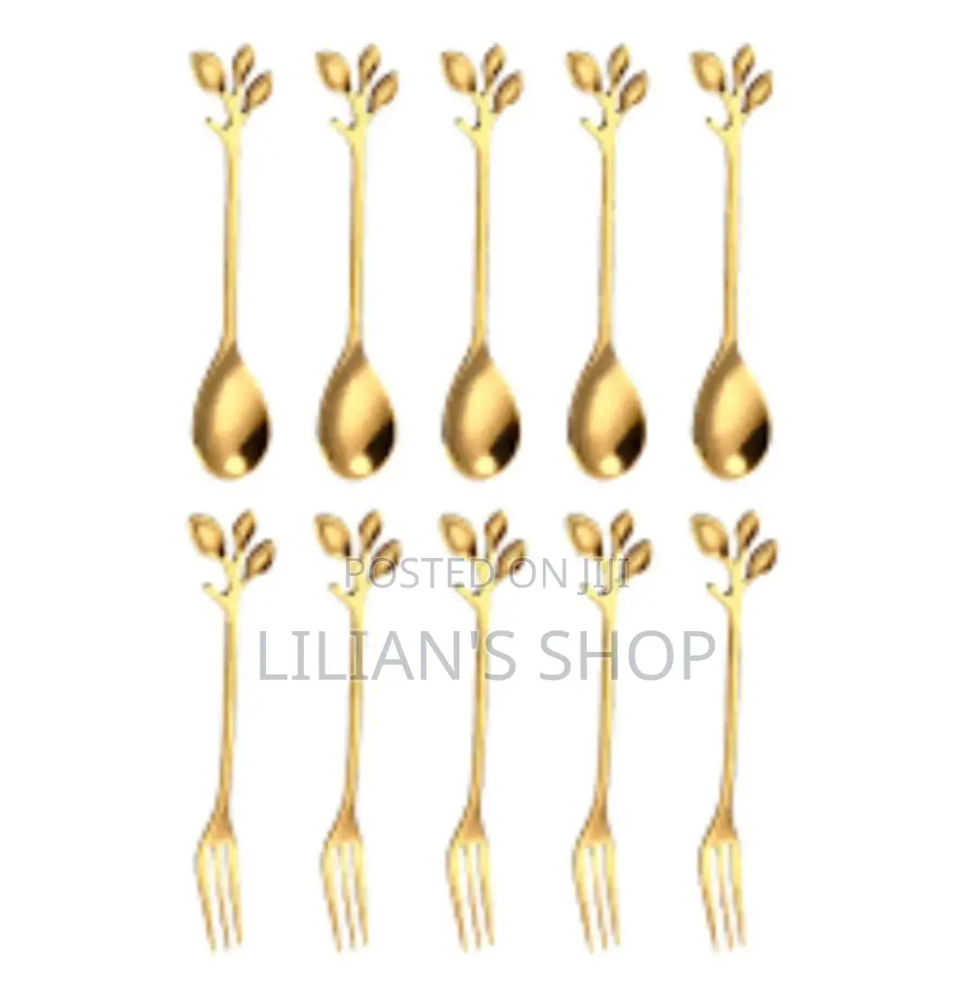 12pcs Gold Leaf Coffee Spoons and Salad Forks