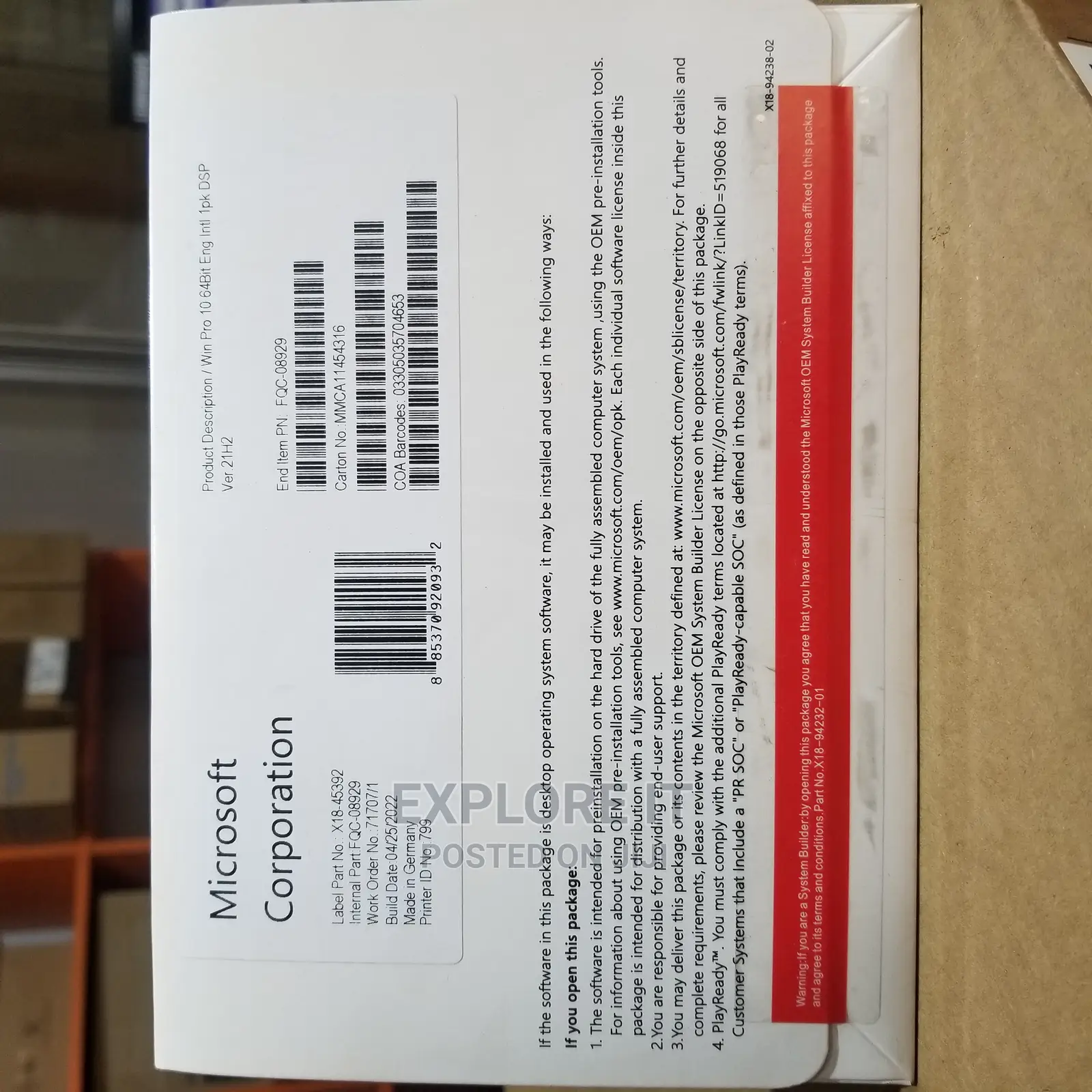 Microsoft OEM System Builder Licensed -Win Pro 10 64