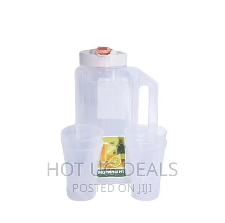 Plastic Water Fridge Bottle With 4 Glasses, 4L – White