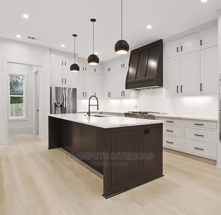 Kitchen Cabinets/ White / Black Island Kitchen
