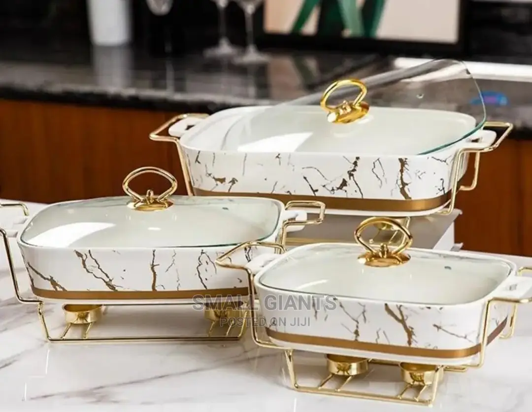 3pcs Ceramic Shaffing Dish Food Warmer With Glass Lid