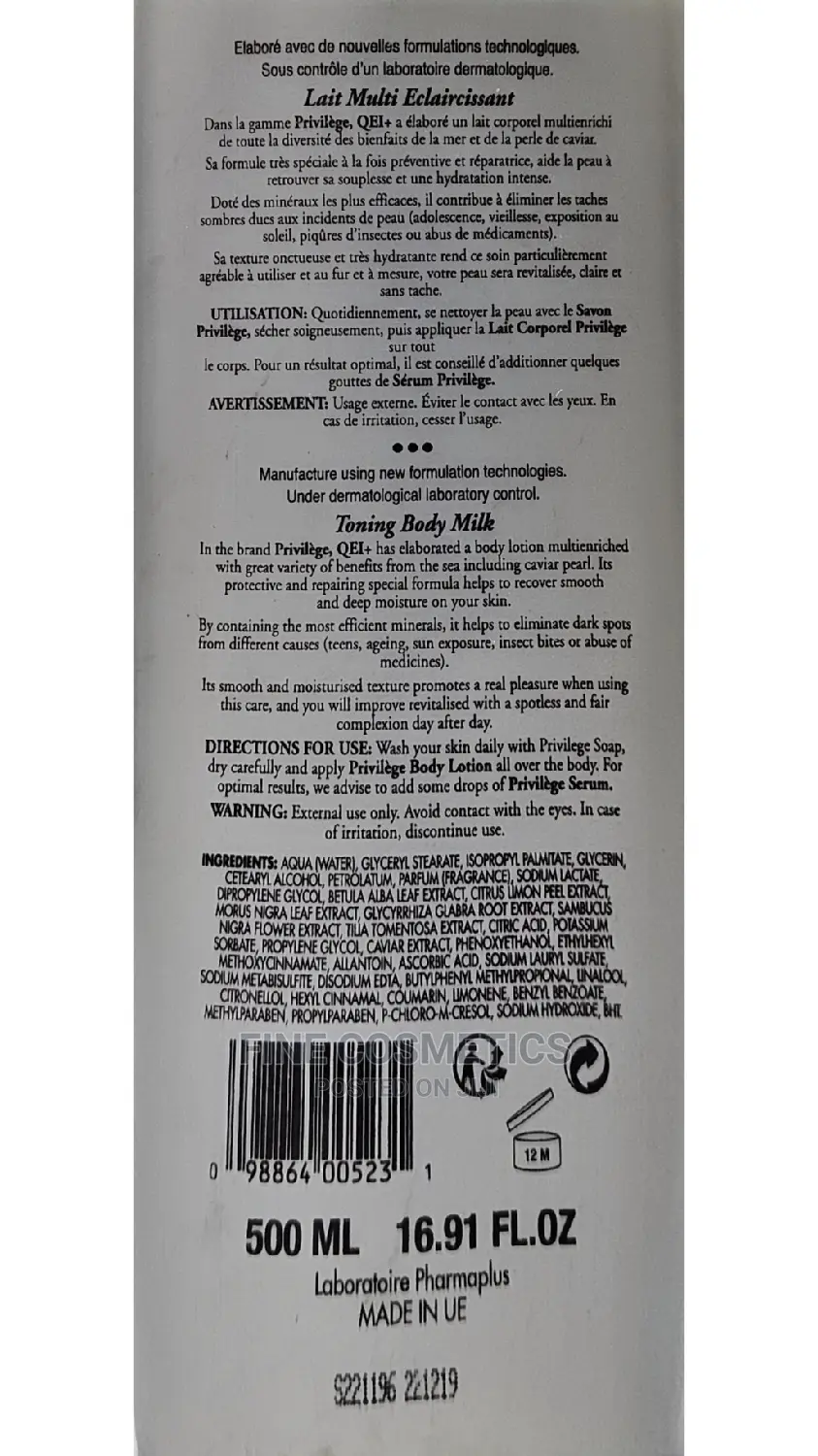Original Qei+ Privilege Lightening Toning Body Lotion Caviar