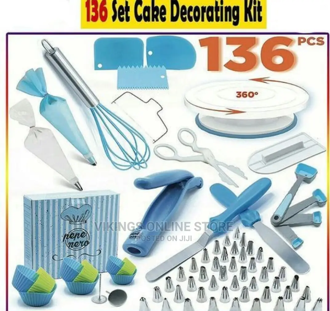136 PCS Cake Decorating, Turntable Stand, Baking Set, Blue