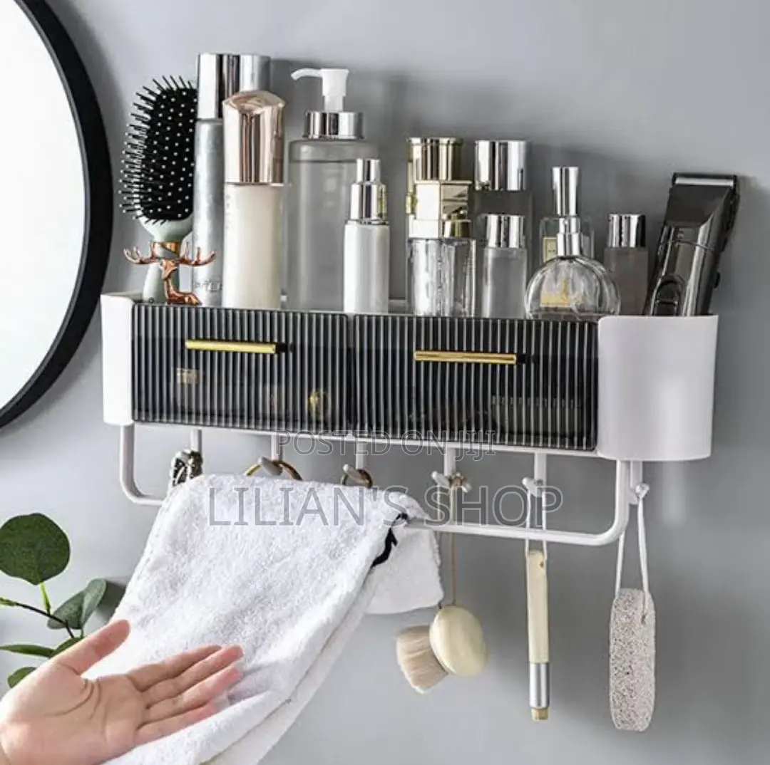 New Punch Free Bathroom Storage Shelf With Towel Rack