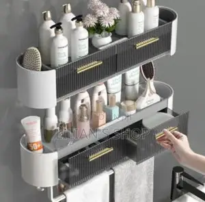 New Punch Free Bathroom Storage Shelf With Towel Rack