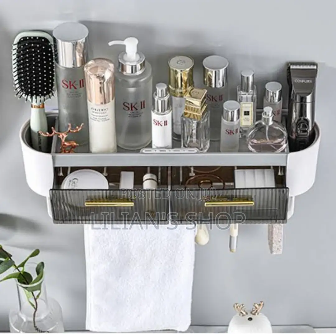 New Punch Free Bathroom Storage Shelf With Towel Rack