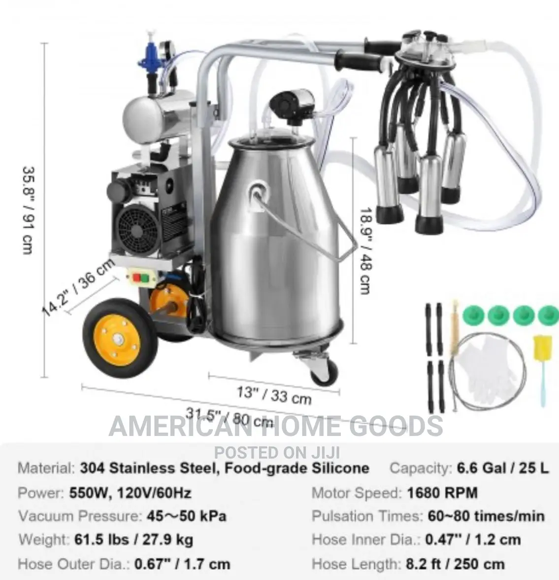 Vevor Electric Milking Machine 25l, 1440rpm, 10-12 Cows/Hour