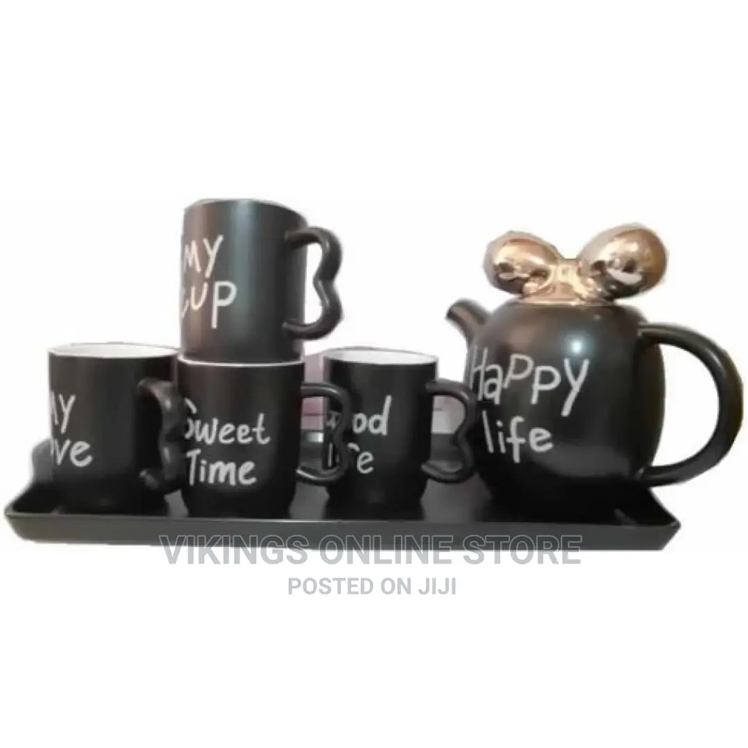 4 Pieces of Tea Coffee Cups, Teapot and Tray Set- Black
