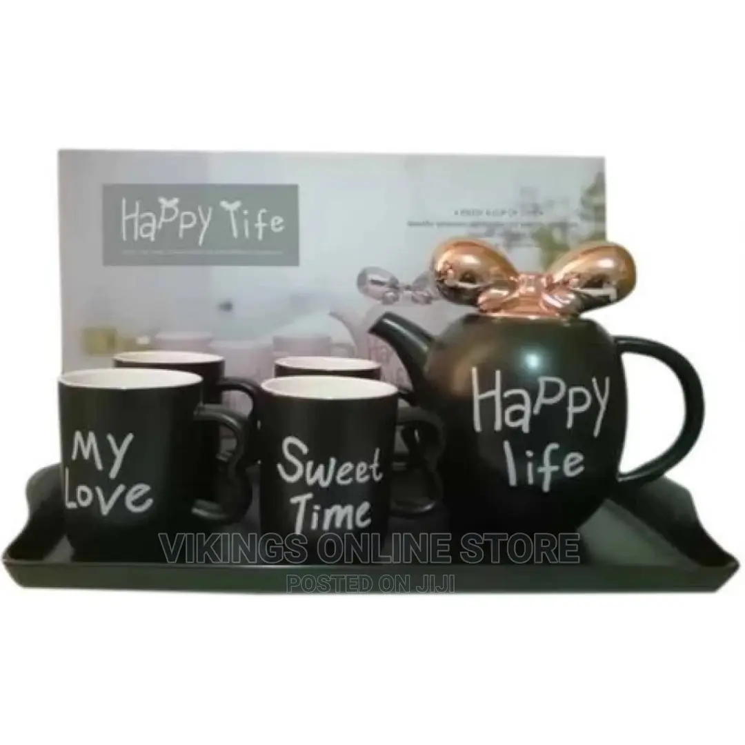 4 Pieces of Tea Coffee Cups, Teapot and Tray Set- Black