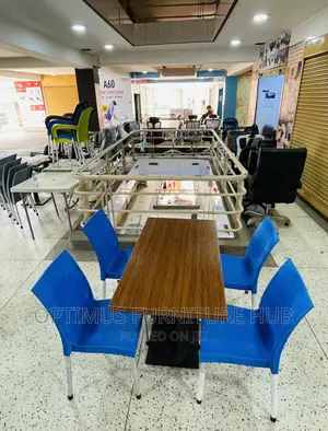 Table and 4 Blue Chairs