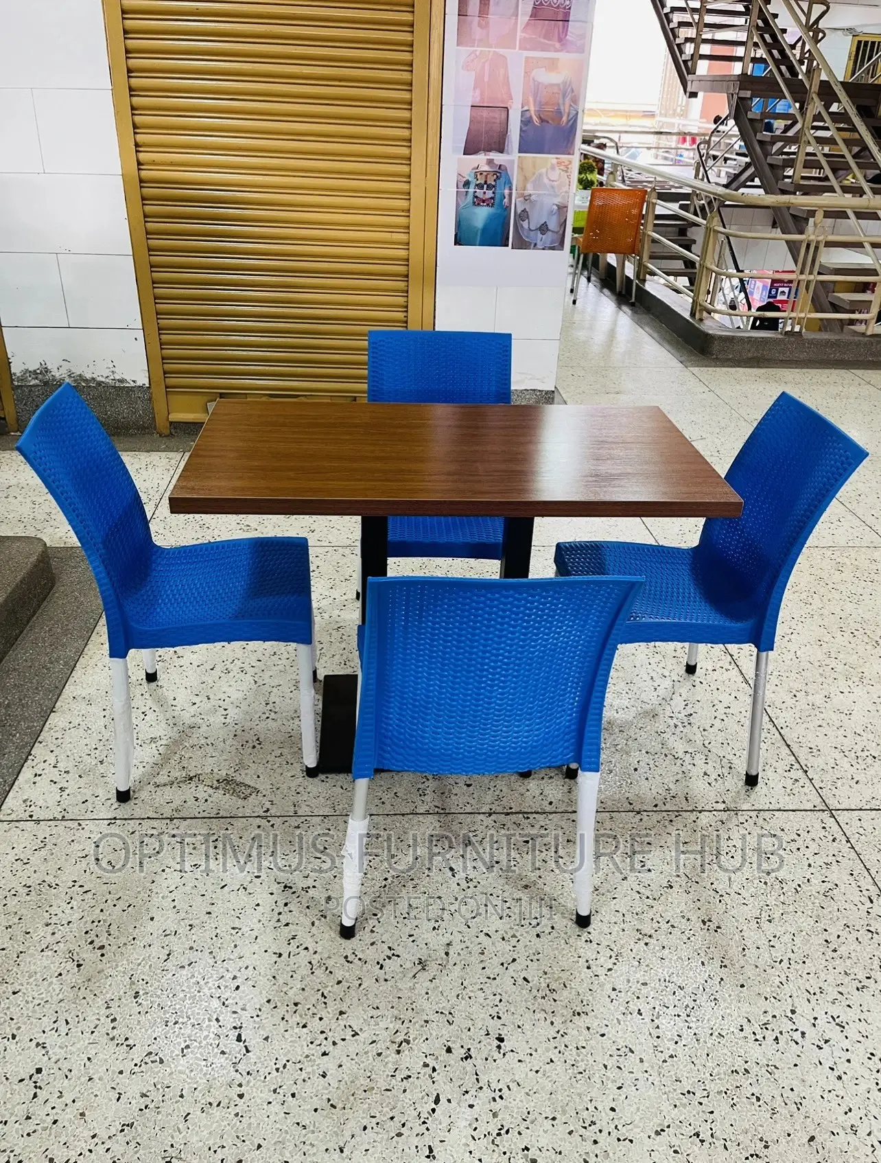 Table and 4 Blue Chairs