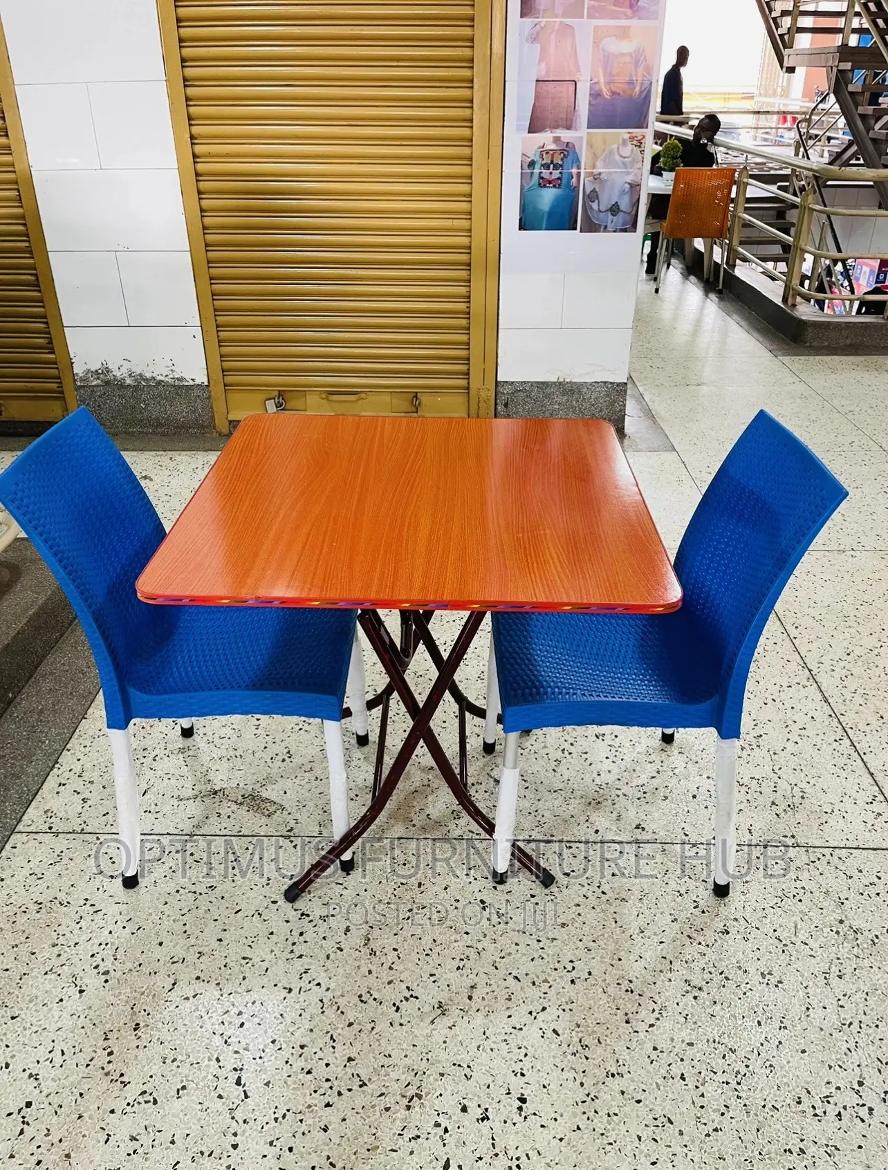 Foldable Table and Blue Chairs