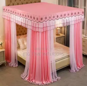 Pink 4 Stand Rail Mosquito Net With Curtains.