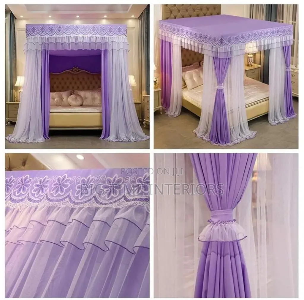 4 Stand Rail Mosquito Net With Curtains- Purple