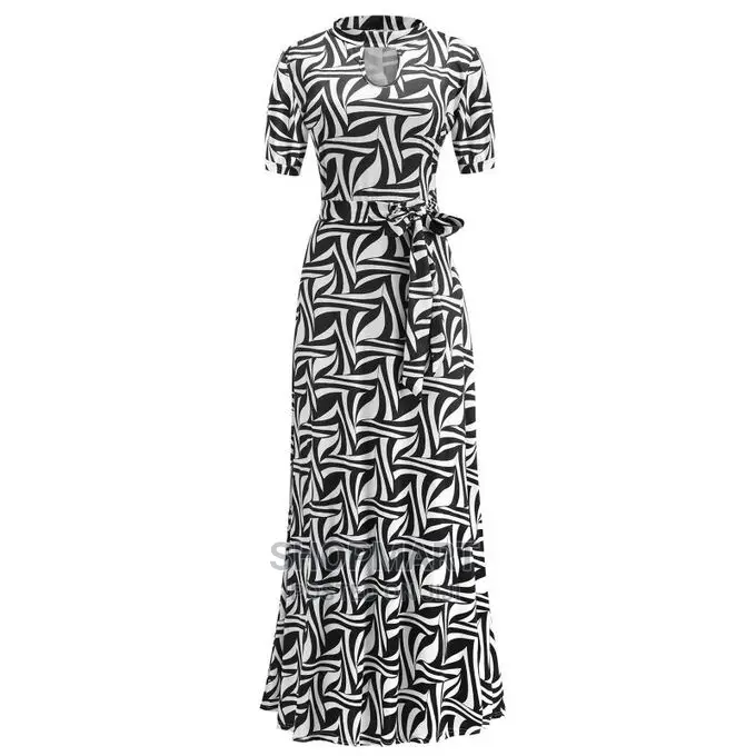 Animal Print O-Neck Long Women's Dress - White