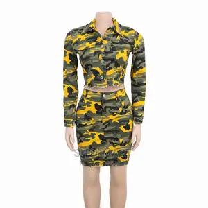 Camo Denim Jacket and Skirt Two-Piece Ensemble for Pl