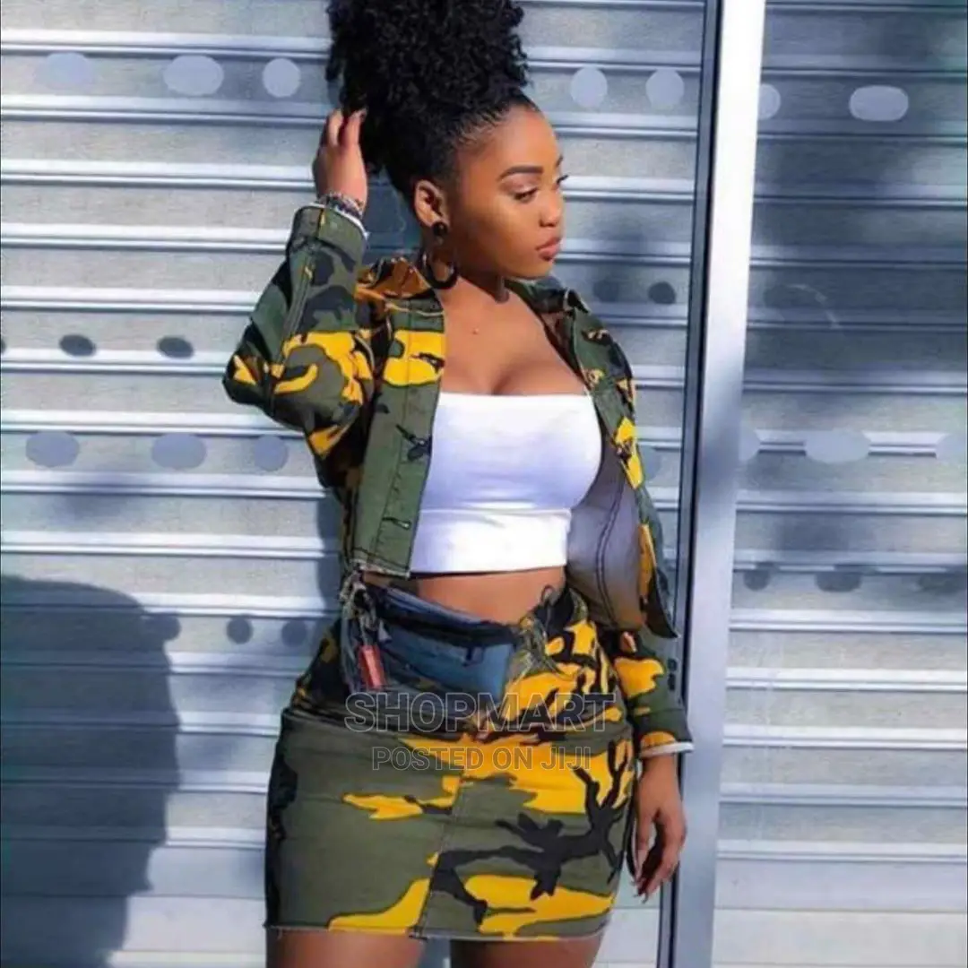 Camo Denim Jacket and Skirt Two-Piece Ensemble for Pl