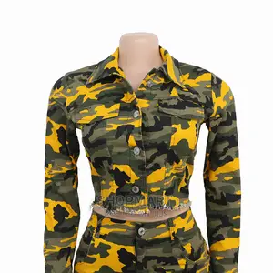 Camo Denim Jacket and Skirt Two-Piece Ensemble for Pl
